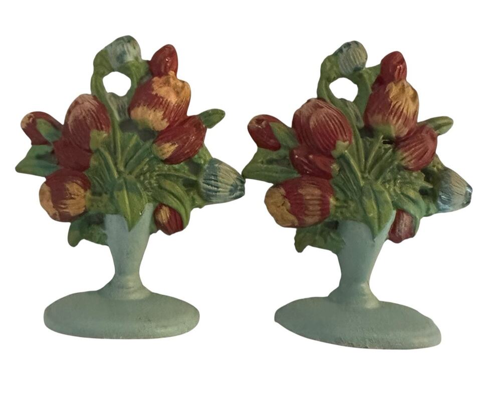 Lillian Vernon 1990 Colorful Basket Of Tulips Cast Iron Book Ends Doorstops EUC